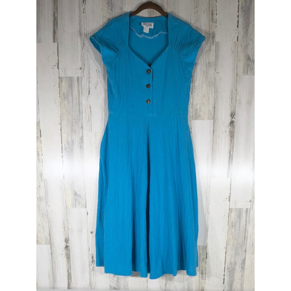 Melissa Petites Vintage 90s Midi Dress 10 Blue Cotton Crinkle Gauze READ